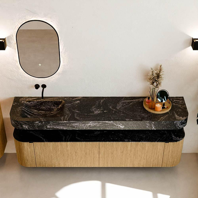 MONDIAZ THOR-DLUX 200cm meuble de salle de bains arrondi gauche + droite couleur Oak avec 2 tiroirs et 2 portes. Vasque suspendue CLOUD Gauche sans trou de robinet couleur Lava.