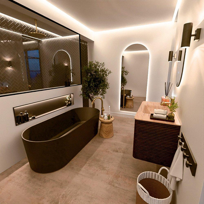 Mondiaz CIRO-DLUX Ensemble de meubles de salle de bains - 100x45x50cm - Plan vasque Solid surface Saba - 1 vasque au milieu - 1 trou de robinet - 2 tiroirs - Noyer