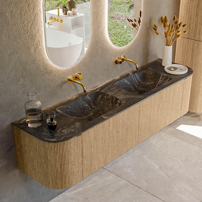 MONDIAZ KURVE-DLUX 180cm badmeubel met module 25 Len R kleur Oak met 2 lades en 2 deuren. Wastafel LEAF dubbel zonder kraangat kleur Lava.