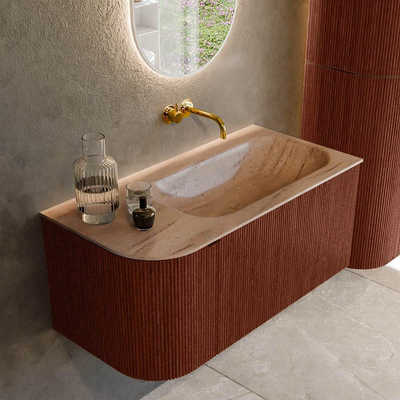 MONDIAZ KURVE-DLUX Meuble de salle de bains 95cm arrondi à gauche couleur Ruby avec 1 tiroir et 1 porte. Lavabo BIG SMALL droite sans trou de robinet Saba.