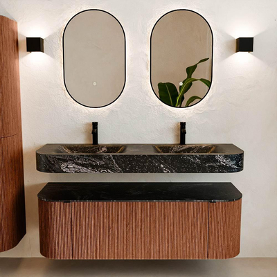 MONDIAZ THOR-DLUX Meuble de salle de bains 140cm arrondi gauche + droite couleur Ruby avec 1 tiroir et 2 portes. Vasque suspendue CLOUD Double 2 trous de robinet couleur Lava.