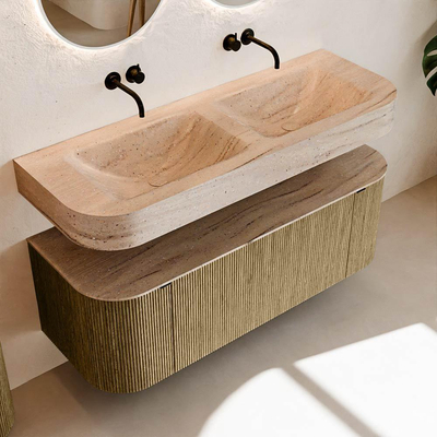 MONDIAZ THOR-DLUX 130cm meuble de salle de bains arrondi gauche + droite couleur Dusk avec 1 tiroir et 2 portes. Vasque suspendue CLOUD Double sans trou de robinet couleur Saba.