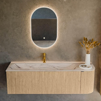 MONDIAZ KURVE-DLUX Meuble de salle de bains 145cm arrondi à droite couleur Chêne avec 1 tiroir et 1 porte. Lavabo BIG LARGE à gauche 1 trou de robinet Nata.