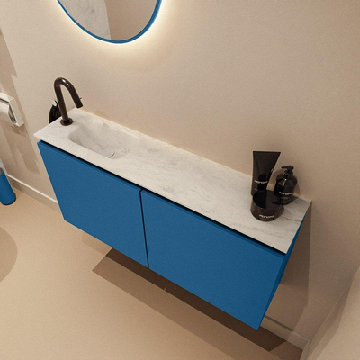 MONDIAZ TURE-DLUX Meuble WC 100 cm Jeans. EDEN lavabo Opalo position gauche. Avec 1 trou de robinet.