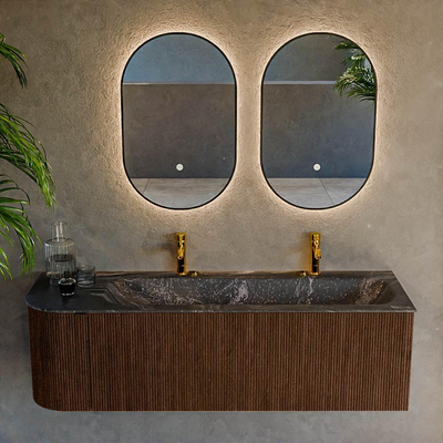 MONDIAZ KURVE-DLUX Meuble de salle de bains 145 cm avec module 25 L couleur Walnut avec 1 tiroir et 1 porte. Lavabo BIG LARGE à droite 2 trous de robinet couleur Lava.