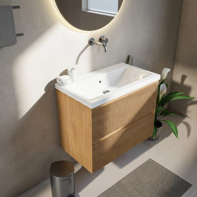 Saniclass Holz Atelier Ensemble meuble de salle de bains - 80x45x63.5cm - Bari lavabo en céramique blanc - 1 vasque - sans trou de robinet - 2 tiroirs - chêne naturel mat (bois)