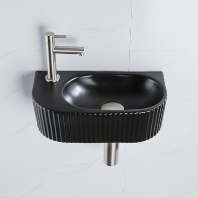 QeramiQ Fuente pack lave-mains – demi-rond – 40 x 21,5 x 12 cm – céramique noir mat – robinet inox brossé – cannelé