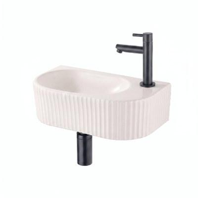 QeramiQ Fuente Fontein - 40x22x12cm - ribbel - halfrond - fonteinkraangat rechts - keramiek - fonteinkraan mat zwart - verlaagd sifon - afvoerplug - linnen
