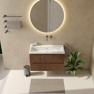 Saniclass Holz Atelier Ensemble meuble de salle de bains - 100x45x63.5cm - lavabo Bari en céramique blanc - 1 vasque - sans trou de robinetterie - 2 tiroirs - walnut pure mat (bois)