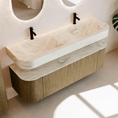 MONDIAZ THOR-DLUX Meuble de salle de bains 150cm arrondi gauche + droite couleur Dusk avec 1 tiroir et 2 portes. Vasque suspendue CLOUD Double 2 trous de robinet couleur Ostra.