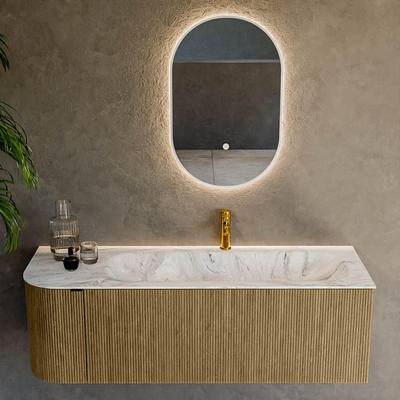 Mondiaz KURVE-DLUX Badkamermeubelset - 135x46x40cm - 1 lade - 1 deur - wastafel solid surface - rechts - 1 kraangat - Dusk