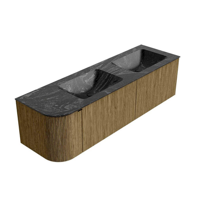 Mondiaz KURVE-DLUX Ensemble de meuble salle de bain - 155x46x40cm - 2 tiroirs - 1 porte - lavabo en solid surface - double / droite - sans trou de robinet - Dusk