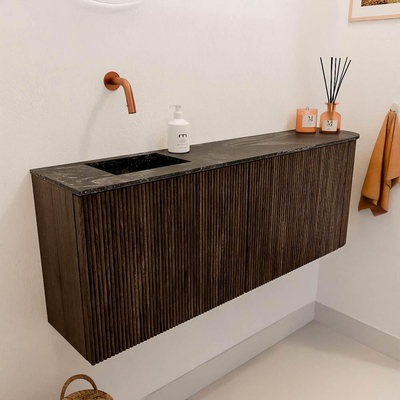 Mondiaz JOYA-DLUX 111.6cm toiletmeubel - ronding rechts kleur Walnut - Wastafel FAYE positie Links Zonder kraangat kleur Lava.
