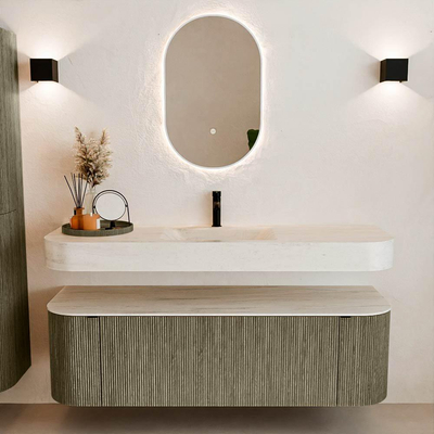 MONDIAZ THOR-DLUX 150cm meuble de salle de bains arrondi gauche + droite couleur Shadow avec 1 tiroir et 2 portes. Vasque suspendue CLOUD Milieu 1 trou de robinet couleur Meli.