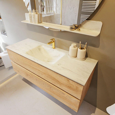 MONDIAZ VICA-DLUX Ensemble meuble de salle de bains - 130cm - meuble bas Washed oak - 2 tiroirs - lavabo encastré cloud au milieu - 1 trou de robinet - version haute 60cm - opalo