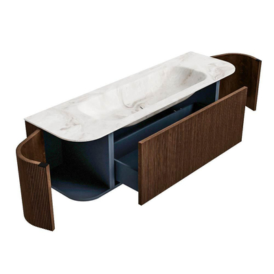 MONDIAZ KURVE-DLUX Meuble de salle de bains 150 cm avec module 25 Len R couleur Walnut avec 1 tiroir et 2 portes. Plan-vasque BIG MEDIUM central 1 trou de robinetterie couleur Frappe.