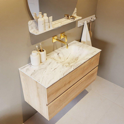 Mondiaz VICA-DLUX Ensemble de meuble de salle de bain - 100cm - meuble sous-vasque chêne blanchi - 2 tiroirs - lavabo encastré cloud droite - sans trous de robinet - version haute de 60cm - glace