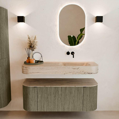 MONDIAZ THOR-DLUX 120cm meuble de salle de bains arrondi gauche + droite couleur Shadow avec 1 tiroir et 2 portes. Vasque suspendue CLOUD droite sans trou de robinet couleur Arena.