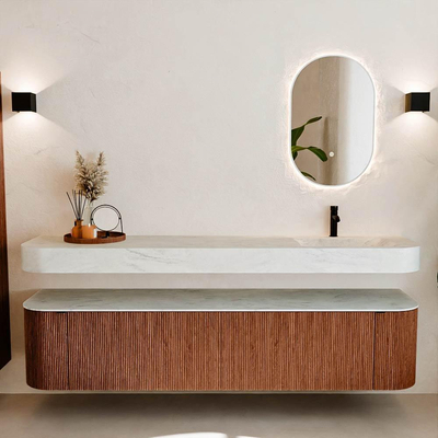 MONDIAZ THOR-DLUX 200cm meuble de salle de bains arrondi gauche + droite couleur Ruby avec 2 tiroirs et 2 portes. Vasque suspendue CLOUD Droite 1 trou de robinet couleur Opalo.