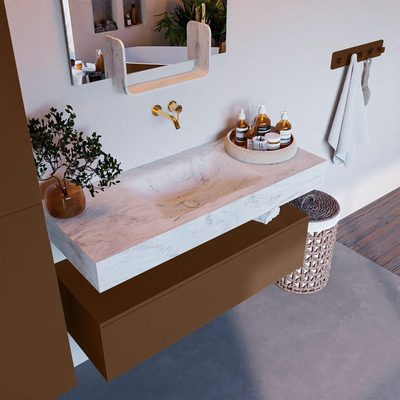 Mondiaz ALAN-DLUX Ensemble de meuble - 110cm - meuble Rust mat - 1 tiroir - Lavabo Cloud Opalo suspendu - vasque Centre - 0 trous de robinet