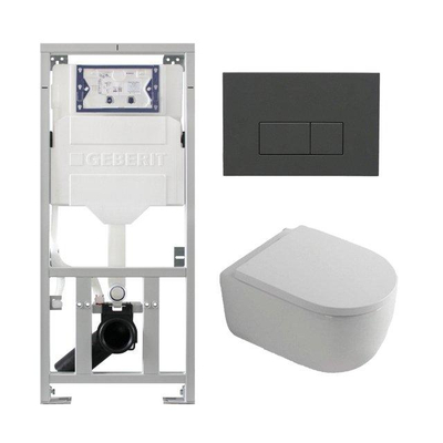 QeramiQ Dely Swirl Pack WC suspendu - 36.3x51.7cm - bâti-support Geberit UP320 - abattant 35 mm - plaque de commande anthracite mat - boutons rectangulaires - blanc mat