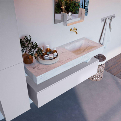 Mondiaz ALAN-DLUX Ensemble de meuble - 130cm - meuble Cale mat - 1 tiroir - Lavabo Cloud Opalo suspendu - vasque Droite - 0 trous de robinet