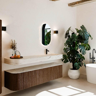 MONDIAZ THOR-DLUX 180cm meuble de salle de bains arrondi gauche + droite couleur Walnut avec 2 tiroirs et 2 portes. Vasque suspendue CLOUD droite 1 trou de robinet couleur Nata.