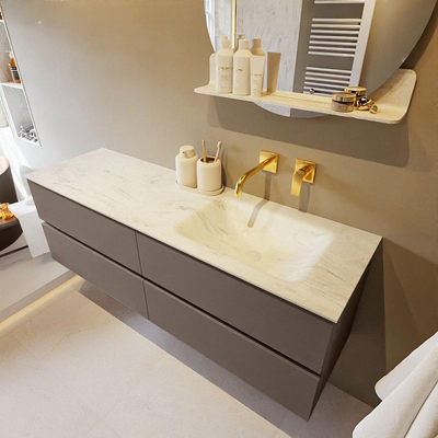 Mondiaz VICA-DLUX ensemble de meuble de salle de bain - 150cm - meuble sous-vasque fumée - 4 tiroirs - lavabo encastré nuage droite - sans trous de robinet - version haute de 60cm - opalo