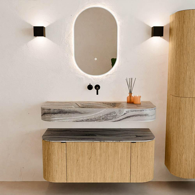 MONDIAZ THOR-DLUX 110cm badmeubel ronding links + rechts kleur Oak met 1 lade en 2 deuren. Vrijhangende wastafel CLOUD Midden zonder kraangat kleur Sombra.