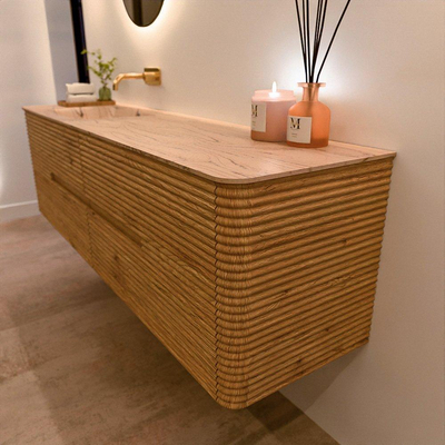 Mondiaz CIRO-DLUX Ensemble de meubles de salle de bains - 170x45x50cm - plan vasque en solid surface Arena - 1 vasque à gauche - sans trous de robinet - 4 tiroirs - Chêne