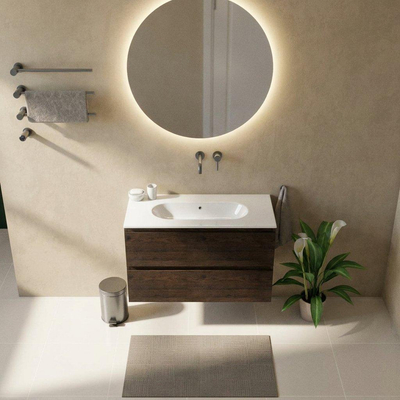 Saniclass Holz Pure Ensemble meuble de salle de bains - 100x45x73.9cm - lavabo en céramique Chaci blanc - 1 vasque - sans trou de robinet - 2 tiroirs - chêne charcoal mat (bois)