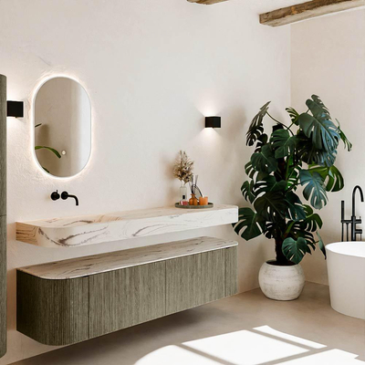 MONDIAZ THOR-DLUX Meuble de salle de bains - 180cm - arrondi gauche + droite - couleur Shadow - 2 tiroirs - 2 portes - Vasque suspendue CLOUD Gauche sans trou de robinet - couleur Nata