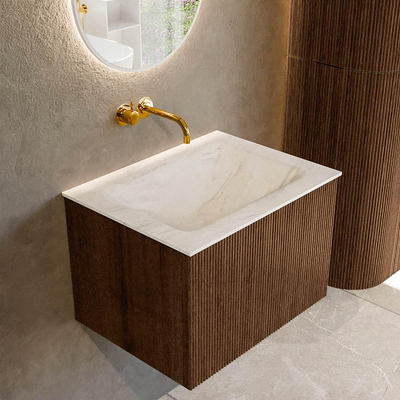 MONDIAZ KURVE-DLUX 60cm badmeubel kleur Walnut met 1 lade. Wastafel CLOUD midden zonder kraangat kleur Ostra.