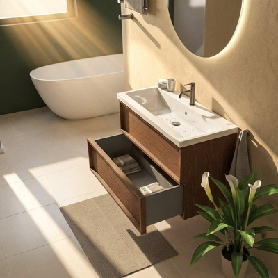 Saniclass Holz Frame Ensemble meuble de salle de bains - 100x45x63.5cm - Lavabo en céramique Bari blanc - 1 vasque - 1 trou de robinet - 2 tiroirs - walnut pure mat (bois)