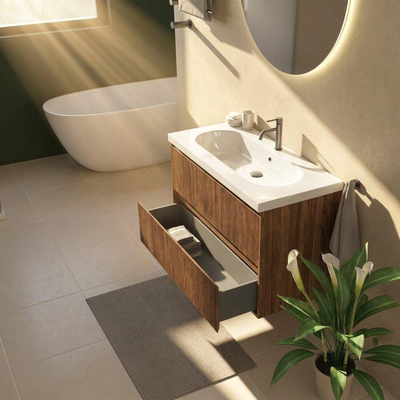 Saniclass Holz Atelier Ensemble meuble de salle de bains - 100x45x63.5cm - Lavabo en céramique Palermo blanc - 1 vasque - 1 trou de robinetterie - 2 tiroirs - walnut pure mat (bois)