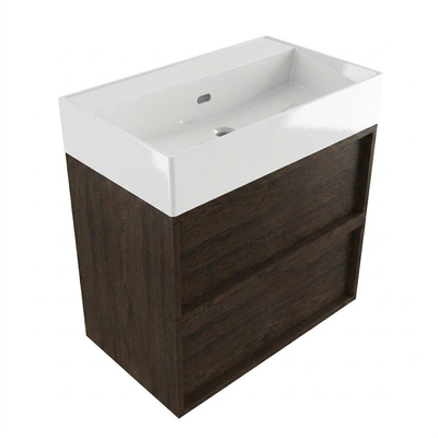 Saniclass Holz Frame Ensemble de meubles de salle de bains - 80x45x72cm - Legend lavabo en céramique blanc - 1 vasque - sans trou de robinet - 2 tiroirs - chêne charcoal mat (bois)