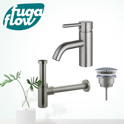 FugaFlow Eccelente Sobrado Kit mitigeur lavabo - robinet bas - bonde nonobturable - siphon design - PVD Inox brossé