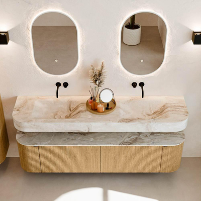 MONDIAZ THOR-DLUX 180cm meuble de salle de bains arrondi gauche + droite couleur Oak avec 2 tiroirs et 2 portes. Vasque suspendue CLOUD Double sans trou de robinet couleur Frappe.