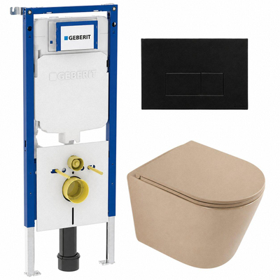 QeramiQ Dely Toiletset - 36.3x51.7cm - Geberit UP720 inbouwreservoir - rimless - diepspoel - zitting - softclose - kunststoffen bedieningsplaat mat zwart - rechthoekige knoppen - mat beige