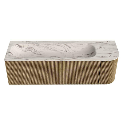 MONDIAZ KURVE-DLUX 145cm badmeubel ronding Rechts kleur Dusk met 1 lade en 1 deur. Wastafel BIG LARGE Links zonder kraangat Nata.