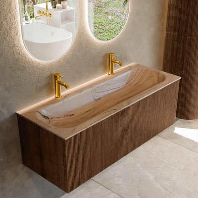MONDIAZ KURVE-DLUX 120cm badmeubel kleur Walnut met 1 lade en 0 deuren. Wastafel BIG LARGE Midden 2 kraangaten Arena.