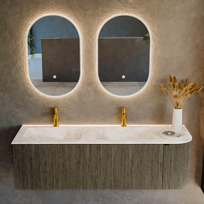 Mondiaz KURVE-DLUX Ensemble de meuble de salle de bains - 145x46x40cm - 1 tiroir - 1 porte - lavabo solid surface - double / gauche - 2 trous de robinet - Shadow