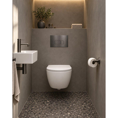 QeramiQ Dely Swirl Ensemble WC Compact - réservoir encastré QeramiQ flush - abattant slim - plaque de commande métallique gunmetal - boutons rectangulaires - blanc mat