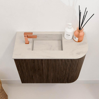 Mondiaz JOYA-DLUX Meuble de salle de bains - 51,6cm - arrondi droite couleur Walnut - Vasque FAYE position Gauche 1 trou de robinet couleur Opalo
