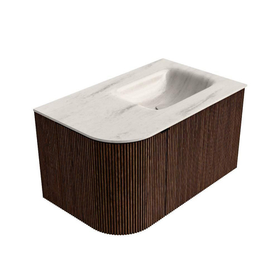 MONDIAZ KURVE-DLUX Meuble de salle de bains 75cm arrondi à gauche couleur Walnut avec 1 tiroir et 1 porte. Lavabo GRUNNE à droite sans trou de robinet Meli.