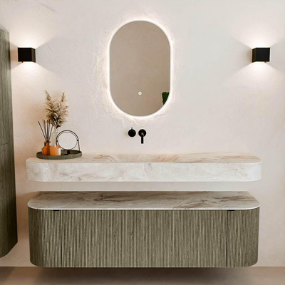 MONDIAZ THOR-DLUX 160cm meuble de salle de bains arrondi gauche + droite couleur Shadow avec 1 tiroir et 2 portes. Vasque suspendue CLOUD Milieu sans trou de robinet couleur Frappe.