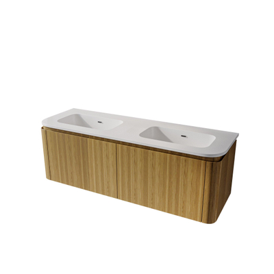 Royal Plaza Terra Ensemble meuble de salle de bains - 140x47x46cm - vasque en céramique blanc brillant - 2 vasques - sans trous de robinet - 4 tiroirs - sandwood (chêne clair)