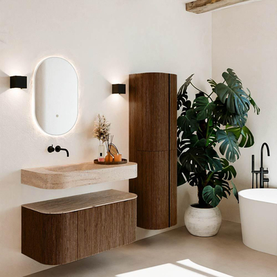 MONDIAZ THOR-DLUX 100cm badmeubel ronding links + rechts kleur Walnut met 1 lade en 2 deuren. Vrijhangende wastafel CLOUD Links zonder kraangat kleur Saba.