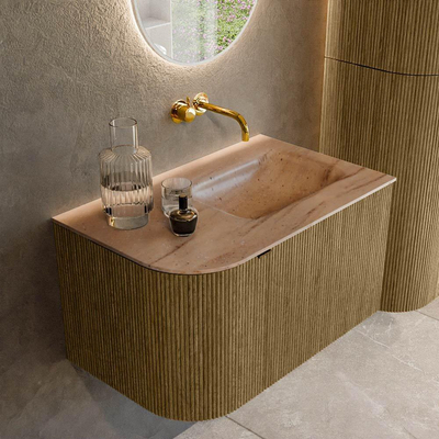 MONDIAZ KURVE-DLUX 75cm badmeubel ronding Links kleur Dusk met 1 lade en 1 deur. Wastafel GRUNNE Rechts zonder kraangat Saba.