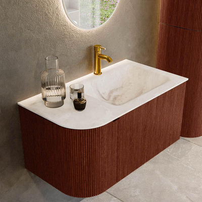 Mondiaz KURVE-DLUX Ensemble de meuble de salle de bains - 85x46x40cm - 1 tiroir - 1 porte - vasque solid surface - droite - 1 trou de robinet - Ruby